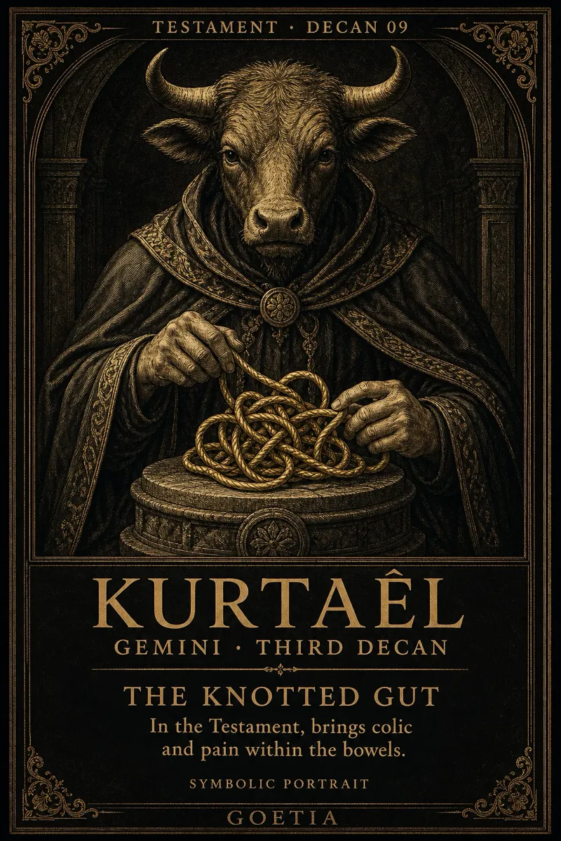 Back print: the Kurtaël card, a bull-headed figure in a cloak knotting golden rope, titled The Knotted Gut